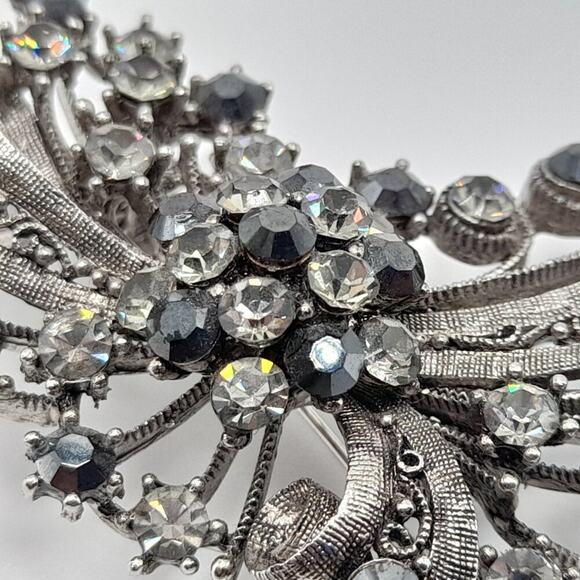 Vintage Gray Silver Black Rhinestone Brooch Pendant, 2 3/4 Inches - Picture 6 of 12